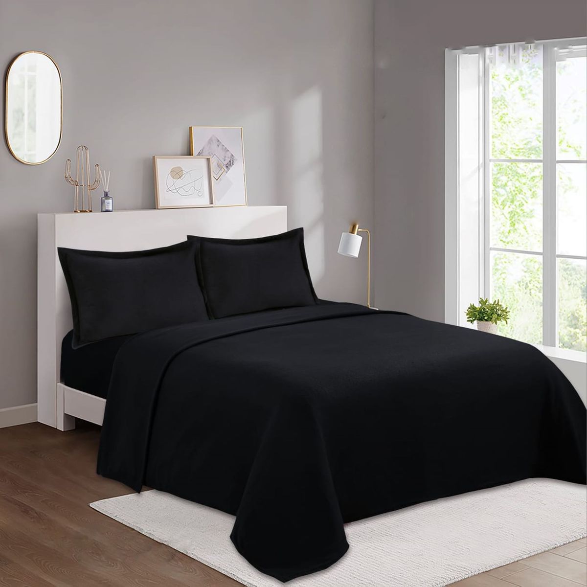 GENERICO - JUEGO DE SABANAS DE POLAR UNICOLOR NEGRO DE 1.5 PLAZA TF