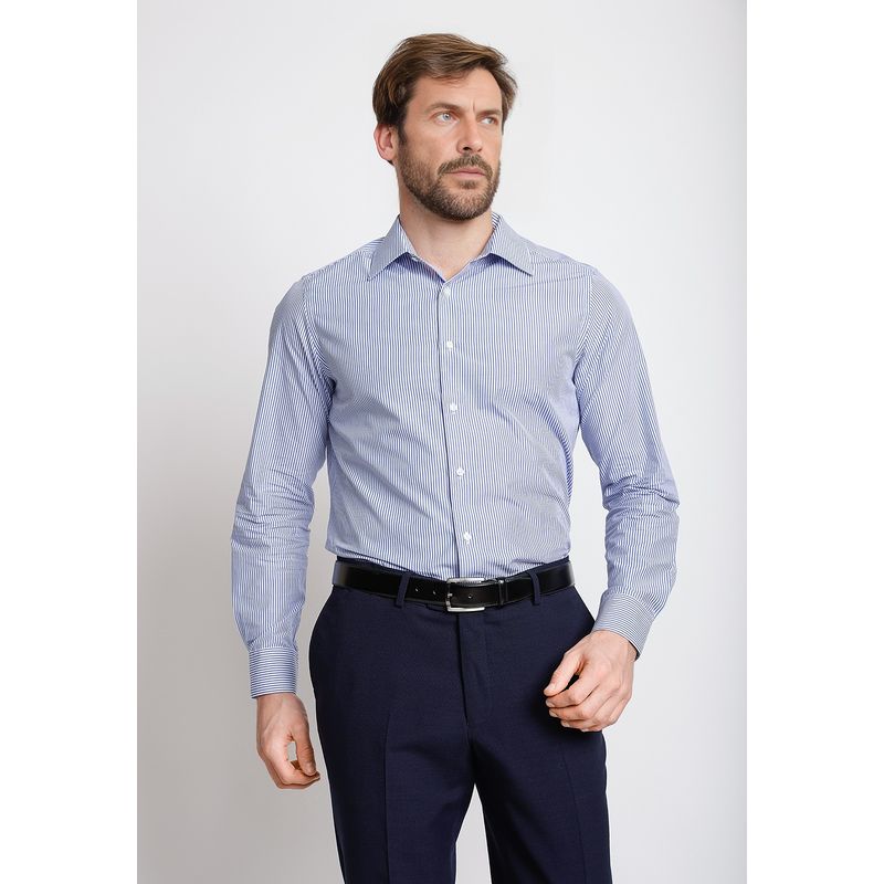 TRIAL - Camisa Hombre Formal Lino Líneas Slim Vercelli Blanco/Azul