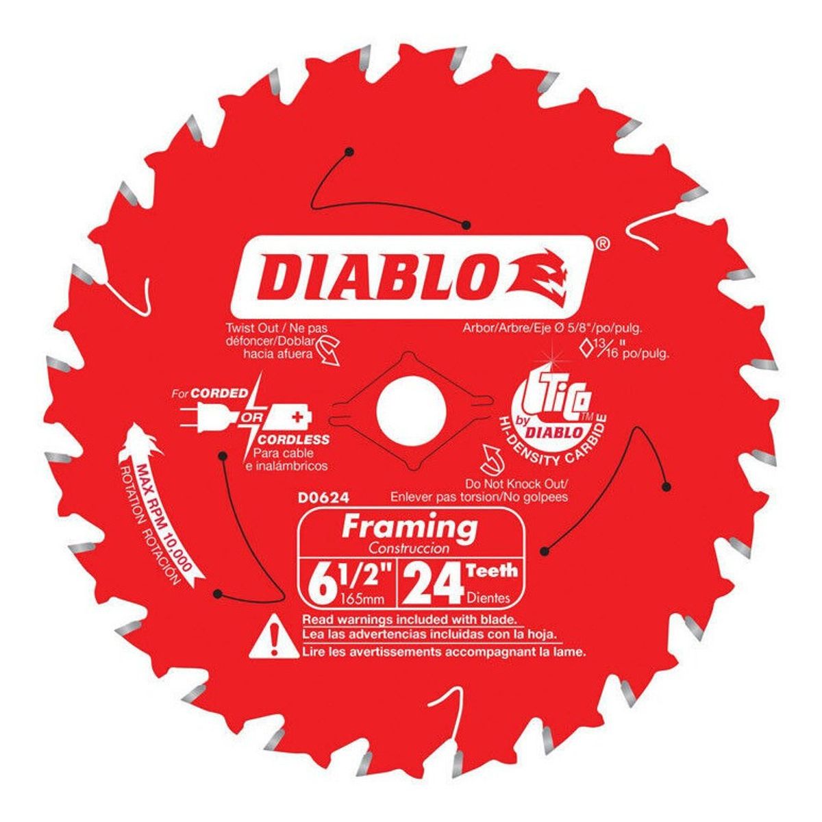 DIABLO - Disco Sierra Circular 6 1/2 Diablo 24 Dientes Eje 5/8 Eo