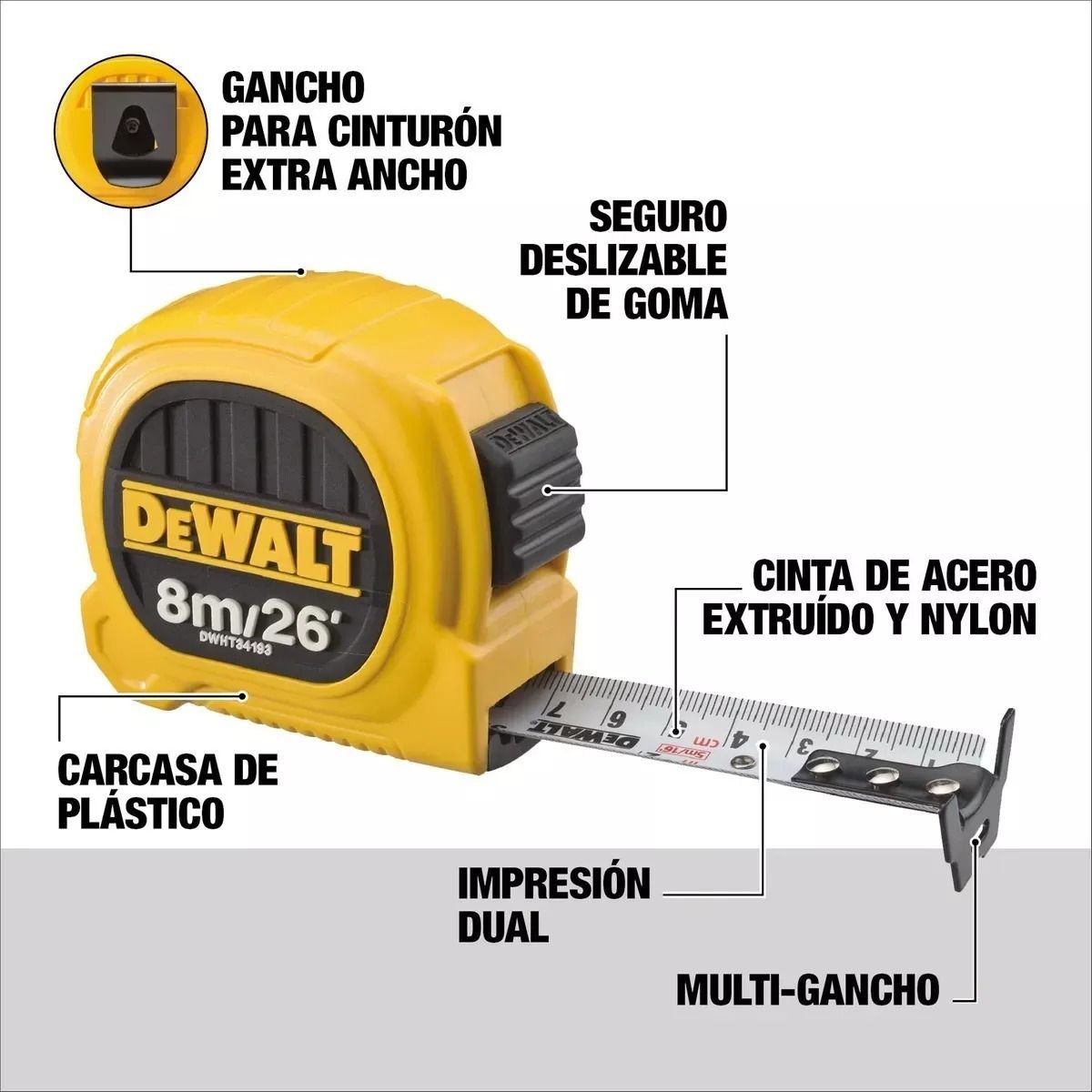 DEWALT - Huincha De Medir 8m26 Diseño Compacto Dewalt Dwht34193l Eo