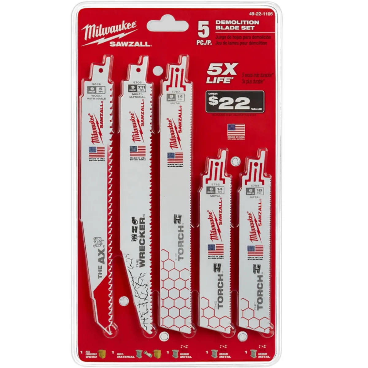 MILWAUKEE - Set Hojas De Sierra Sable 5 Pcs Demolición Milwaukee Eo