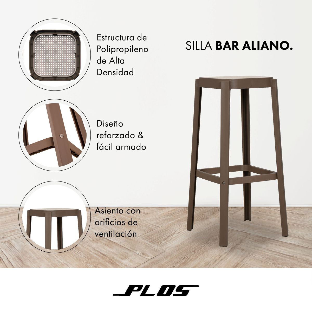 PLOS - Silla Piso Bar Taburete Pack X4 Aliano 75cm Plos Gris Taupe