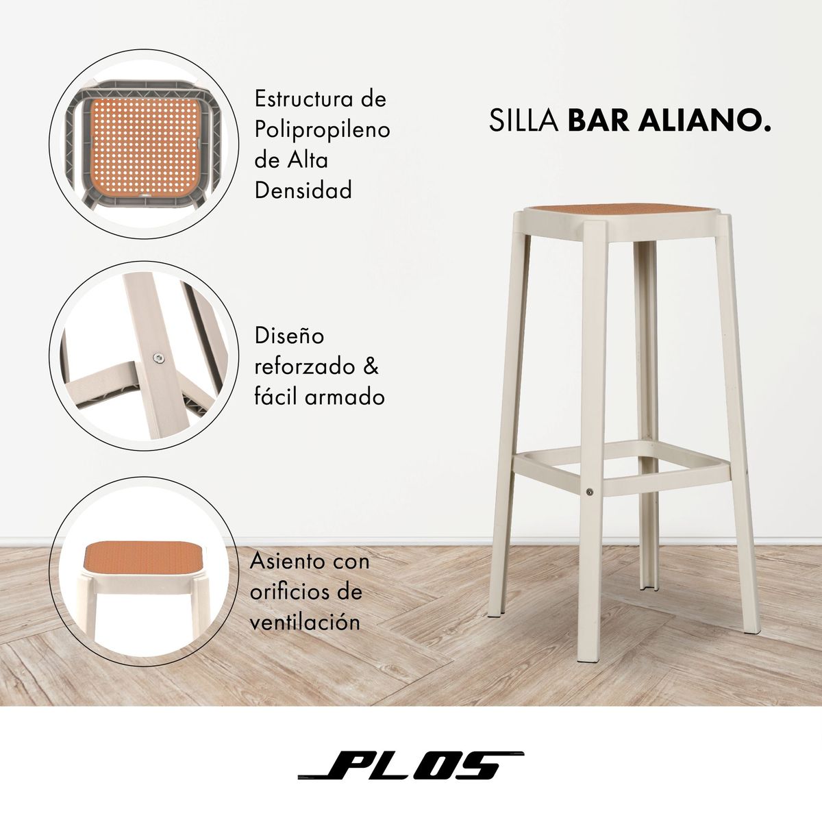 PLOS - Silla Piso Bar Taburete Pack X2 Aliano Plos Blanco Altura 75 cm