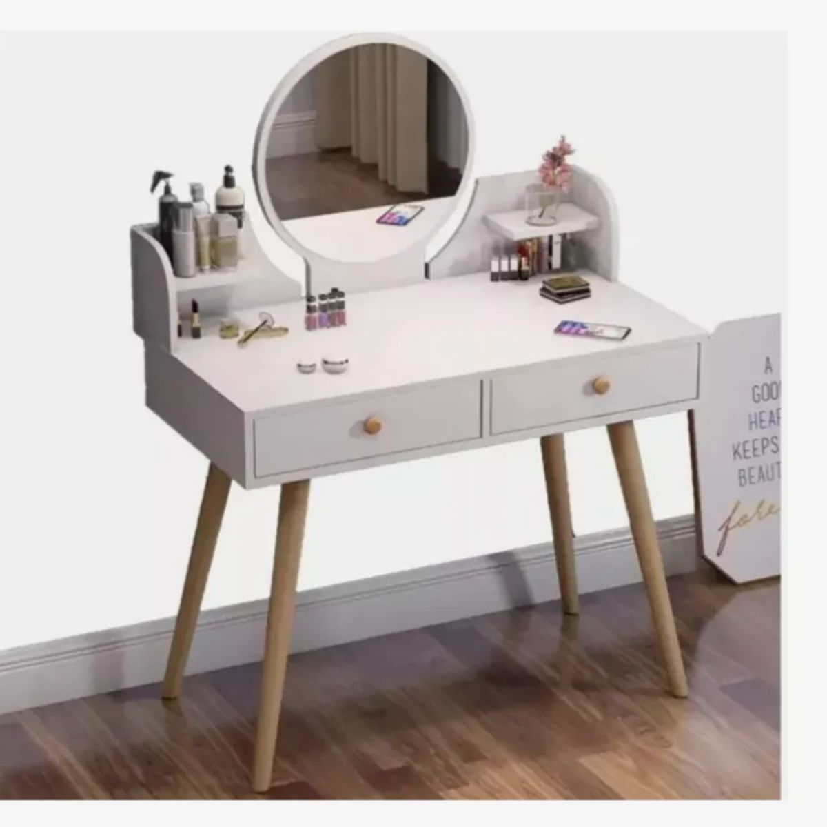 GENERICO - Tocador Moderno De Madera Con Espejo Led Y Taburete Incluido Blanco