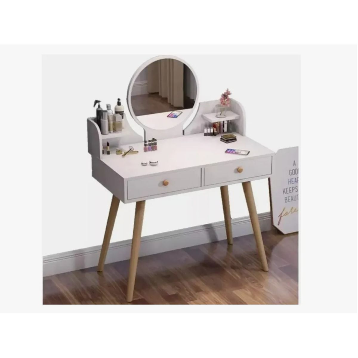 GENERICO - Tocador Moderno De Madera Con Espejo Led Y Taburete Incluido Blanco