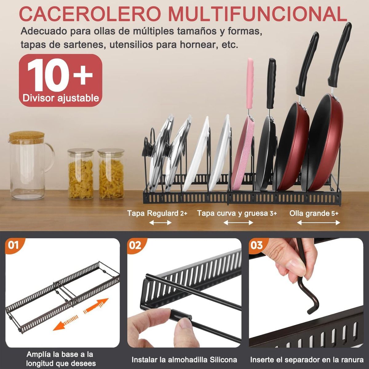 GENERICO - Organizador De Sartenes Y Ollas Con 10 Compartimentos Ajusta