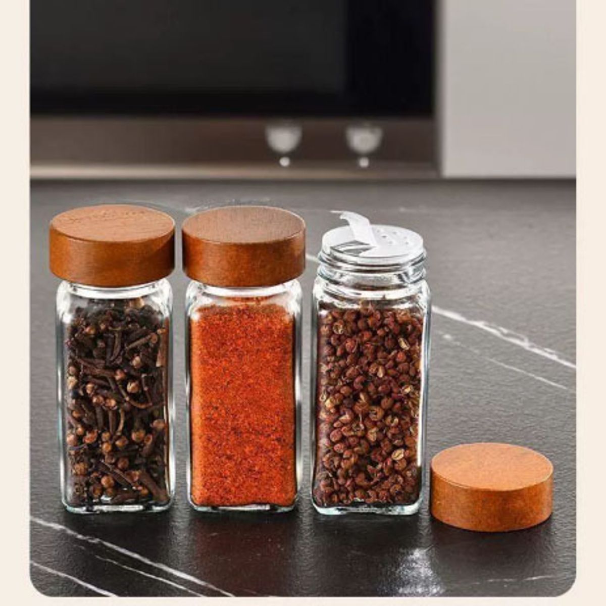 GENERICO - Set x6 frascos de vidrio condimentos Tapa de madera 120ml