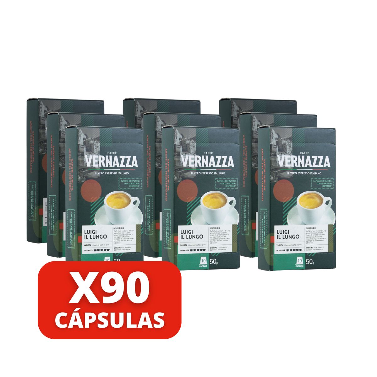 CAFFE VERNAZZA - Café Luigi Il Lungo 90 cápsulas Nespresso compatibles