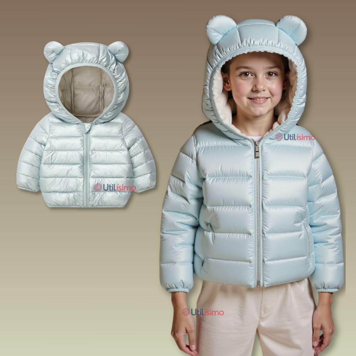 JUMP KIDS - Parka Con Capucha Manga Larga Niña Orejitas Celeste Metalizado