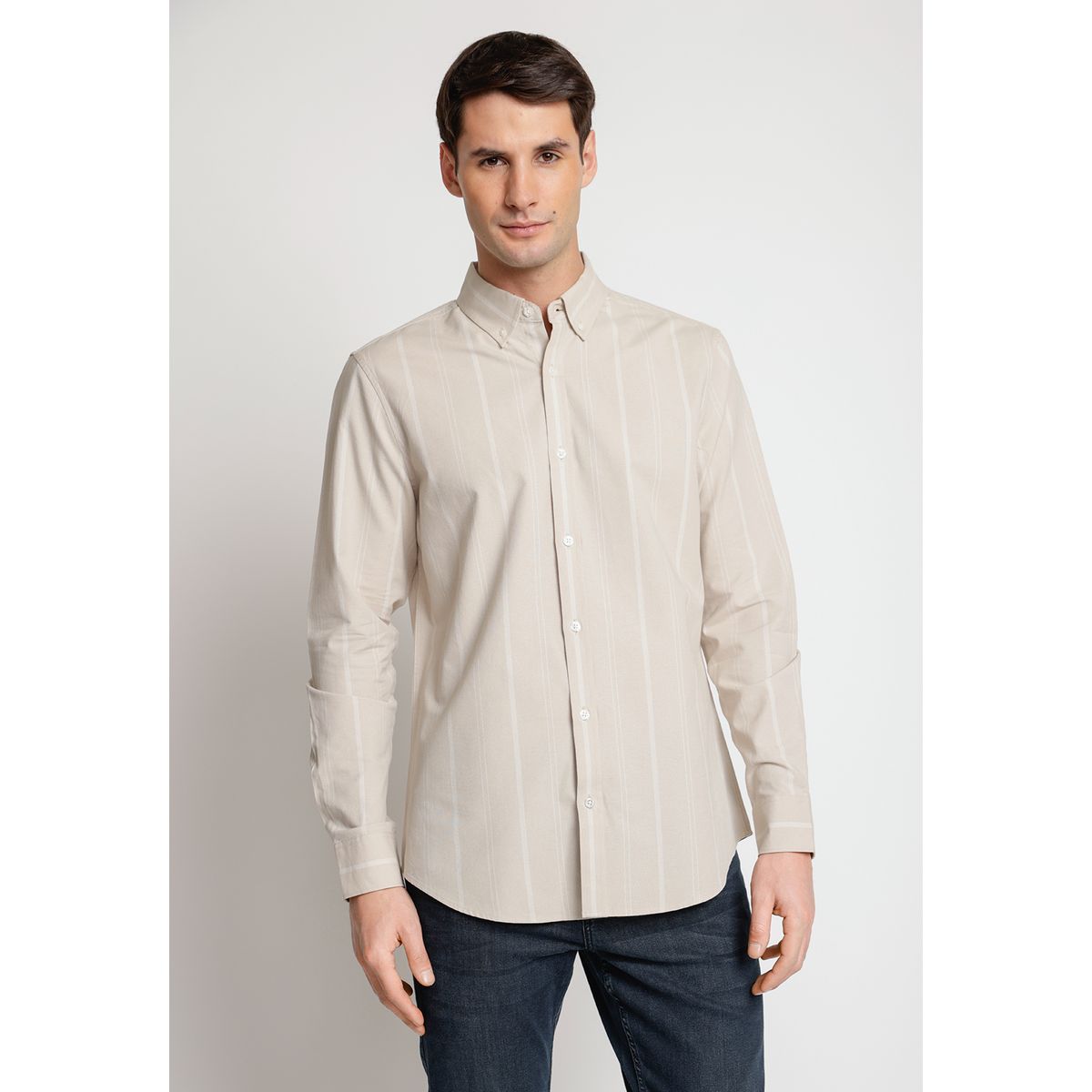 PERRY ELLIS - Camisa Hombre Manga Larga Oxford Listada Beige