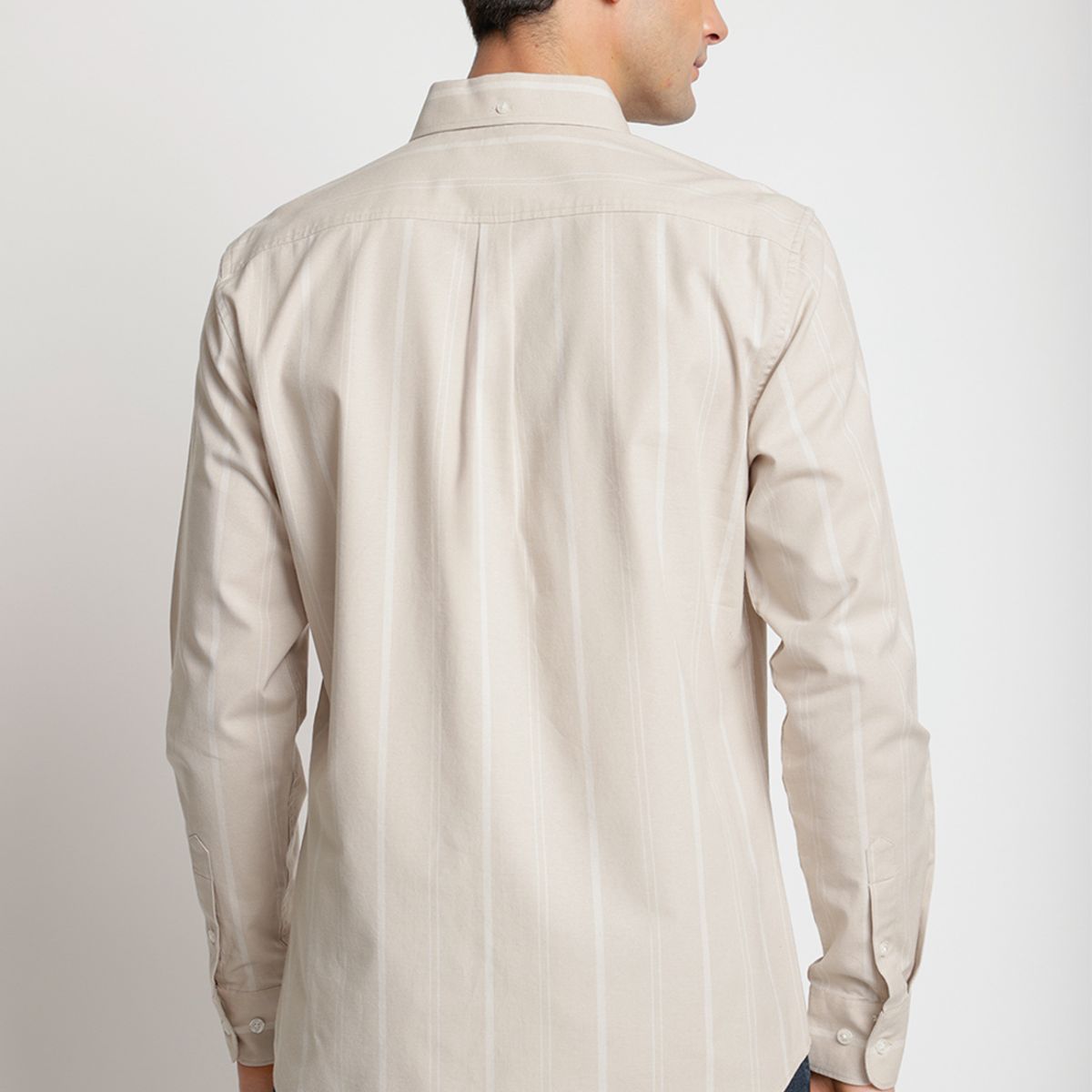 PERRY ELLIS - Camisa Hombre Manga Larga Oxford Listada Beige