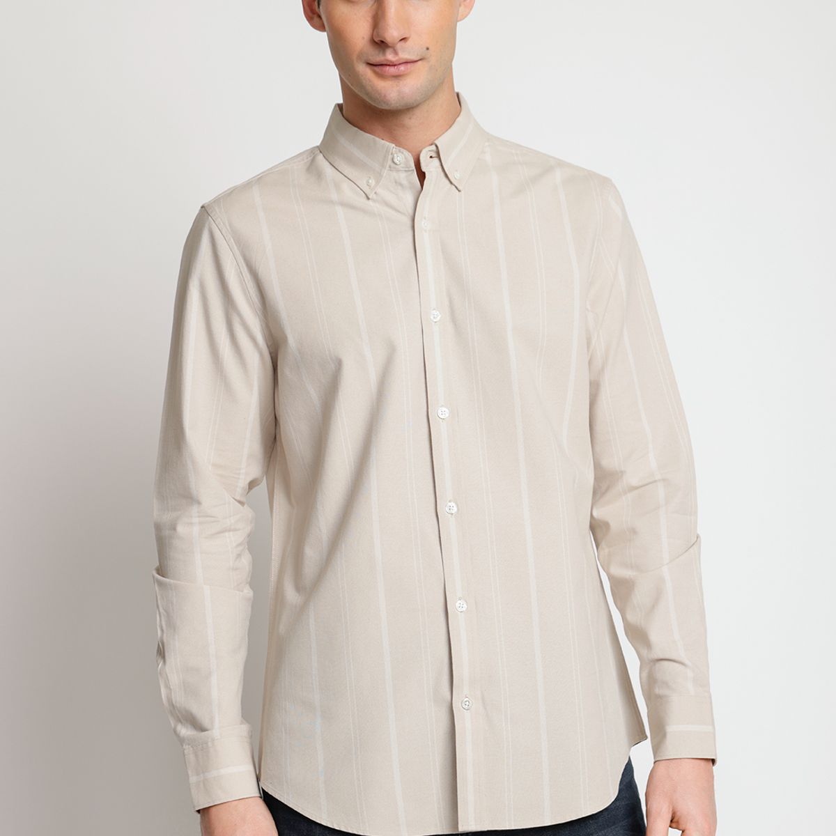 PERRY ELLIS - Camisa Hombre Manga Larga Oxford Listada Beige