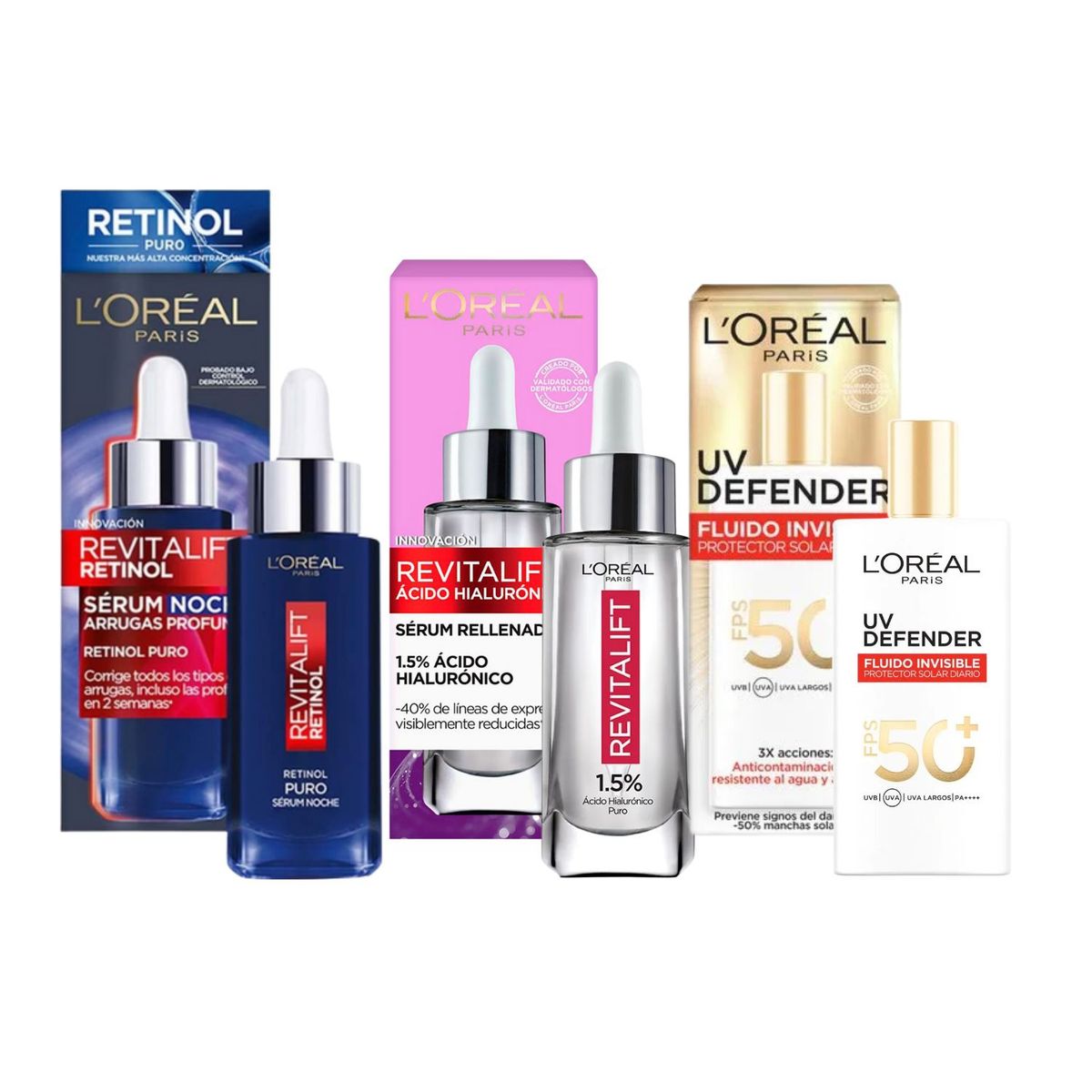 LOREAL PARIS - Pack Cuidado Facial Serums Retinol Hialuronico + UV Defender