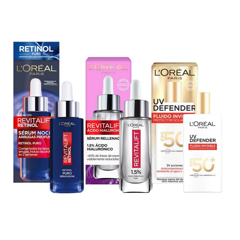 LOREAL PARIS - Pack Cuidado Facial Serums  Retinol + Ácido Hialurónico + UV Defender