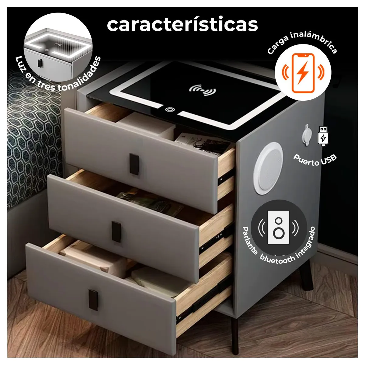 GLOBAL LATIN GROUP - Pack 2 Mesa de Noche Inteligente Cajones Tecnología Integrada - Blanco