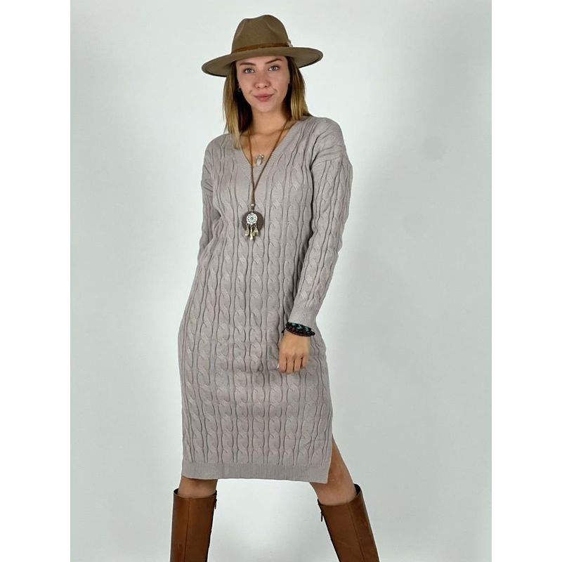 ENIGMATICA BOUTIQUE - Vestido de Lana Trenzado Cuello V Blanco