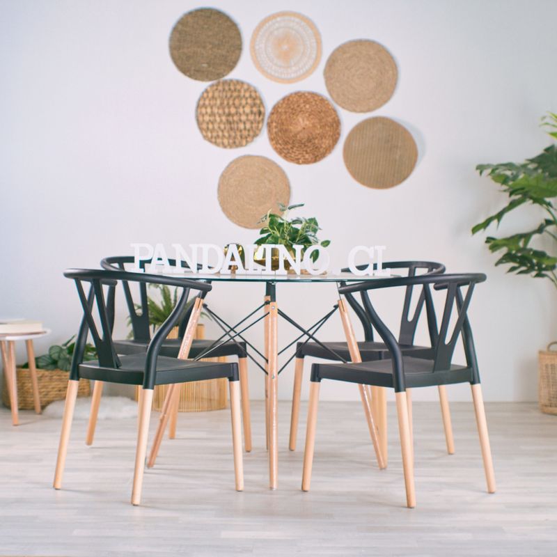 PANDALINO - Comedor Mesa Redonda Elida 80cm + 4 Sillas Wishbone Negras