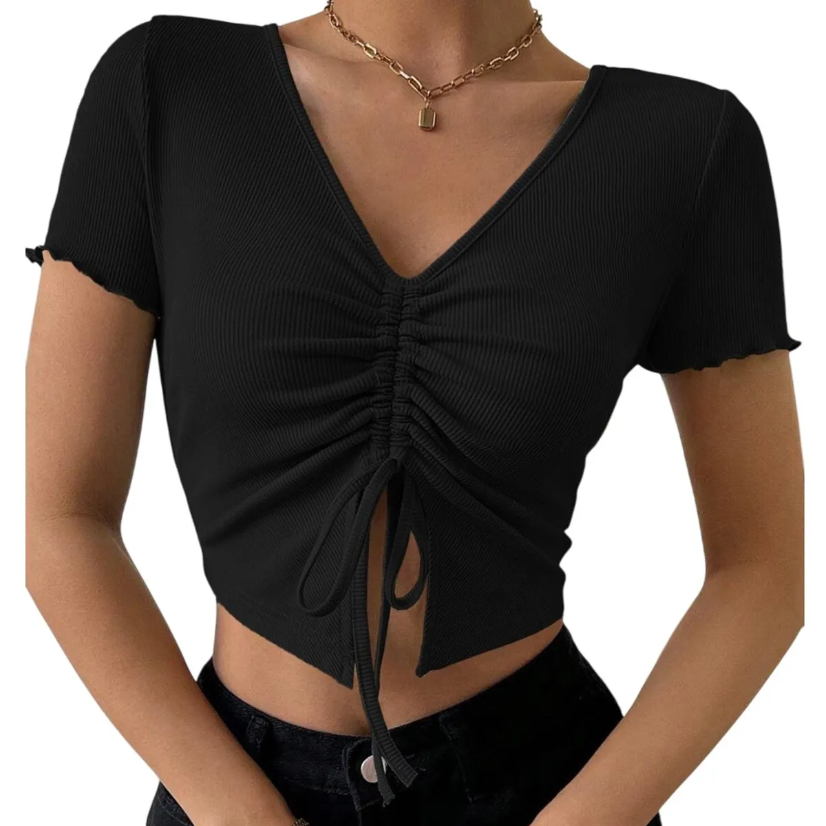 GARSIL - Crop Top Para Mujer - Cuello Tipo V Y Cordon De Ajuste
