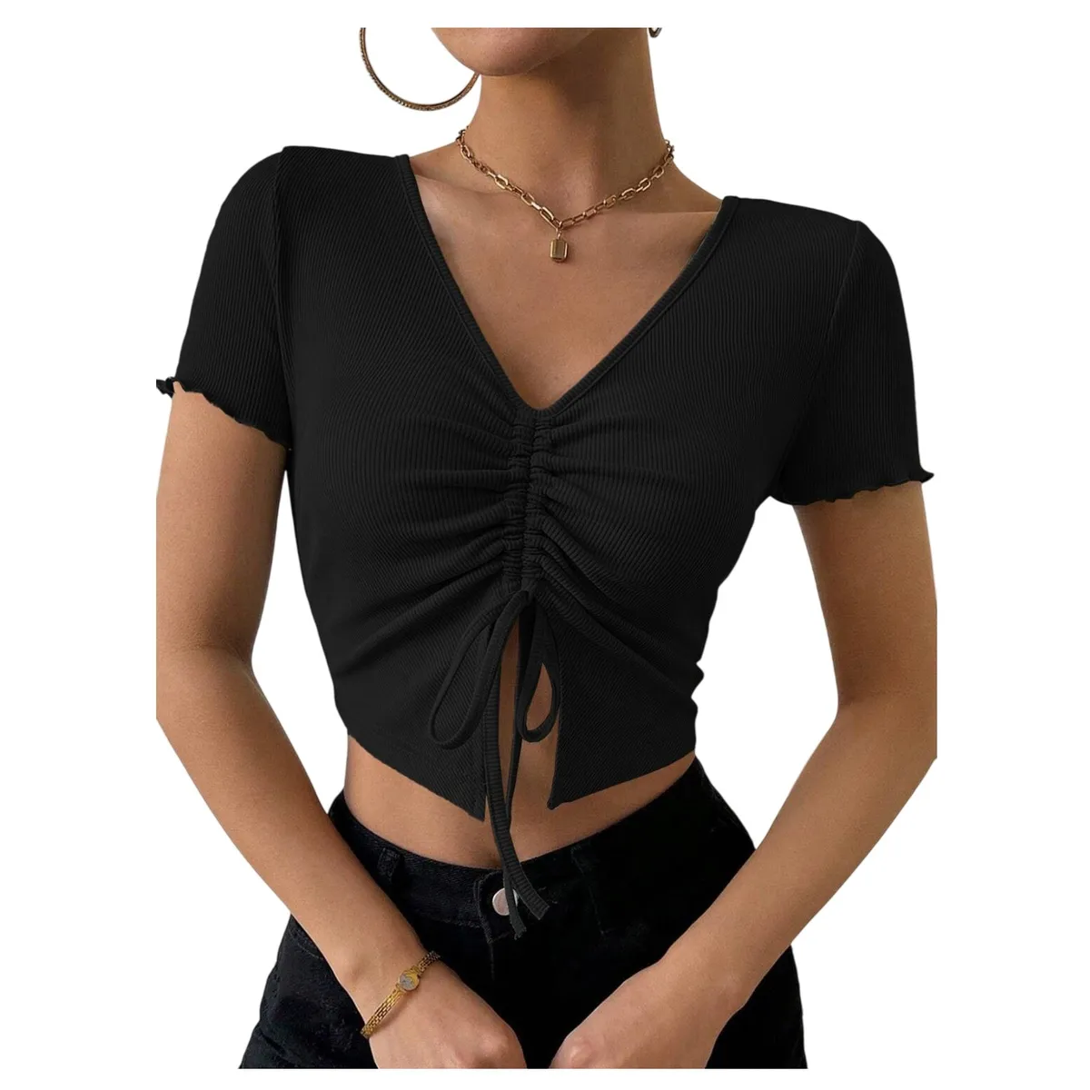 GARSIL - Crop Top Para Mujer - Cuello Tipo V Y Cordon De Ajuste