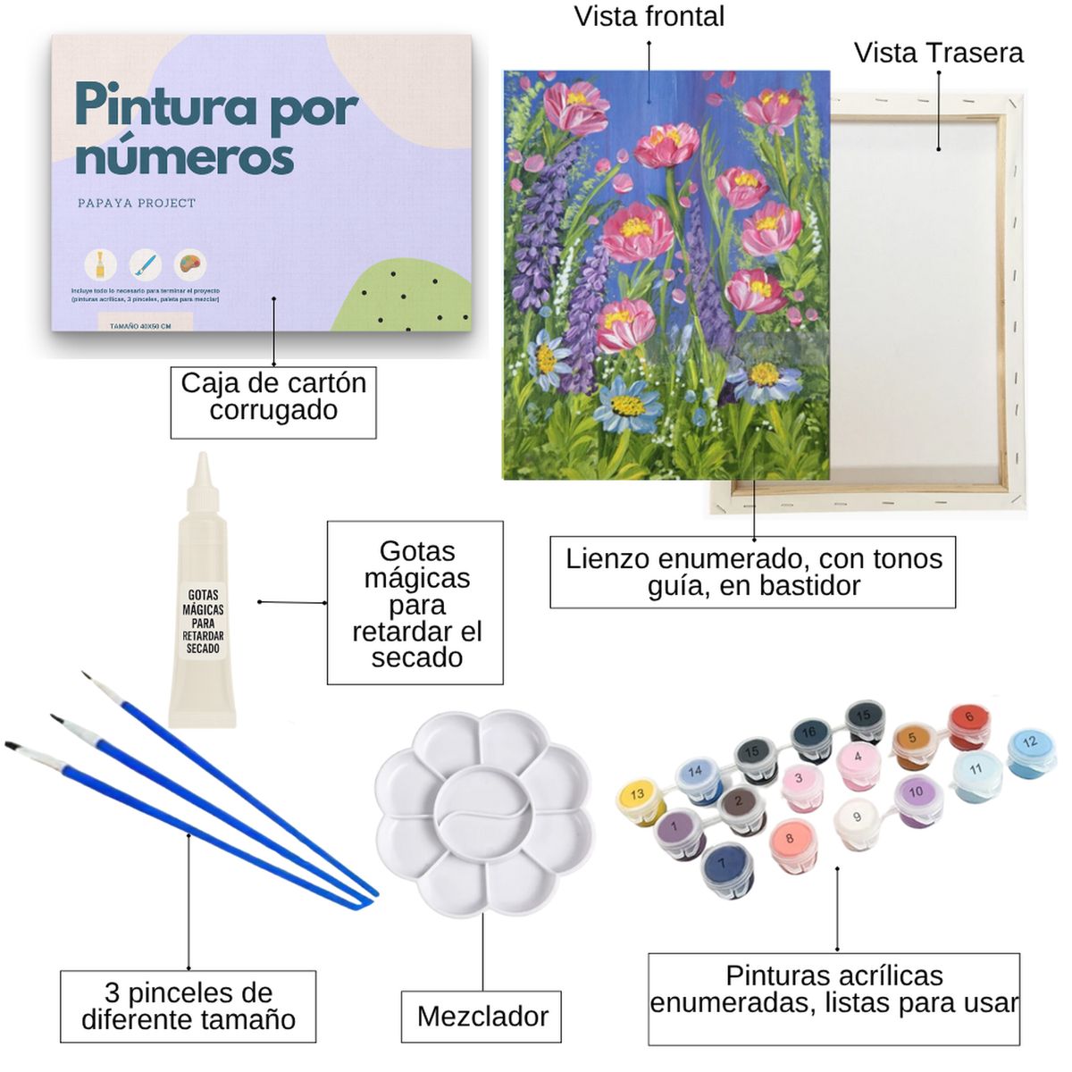 GENERICO - Pintura con números en bastidor 40x50 - flores de primavera - Painting by numbers