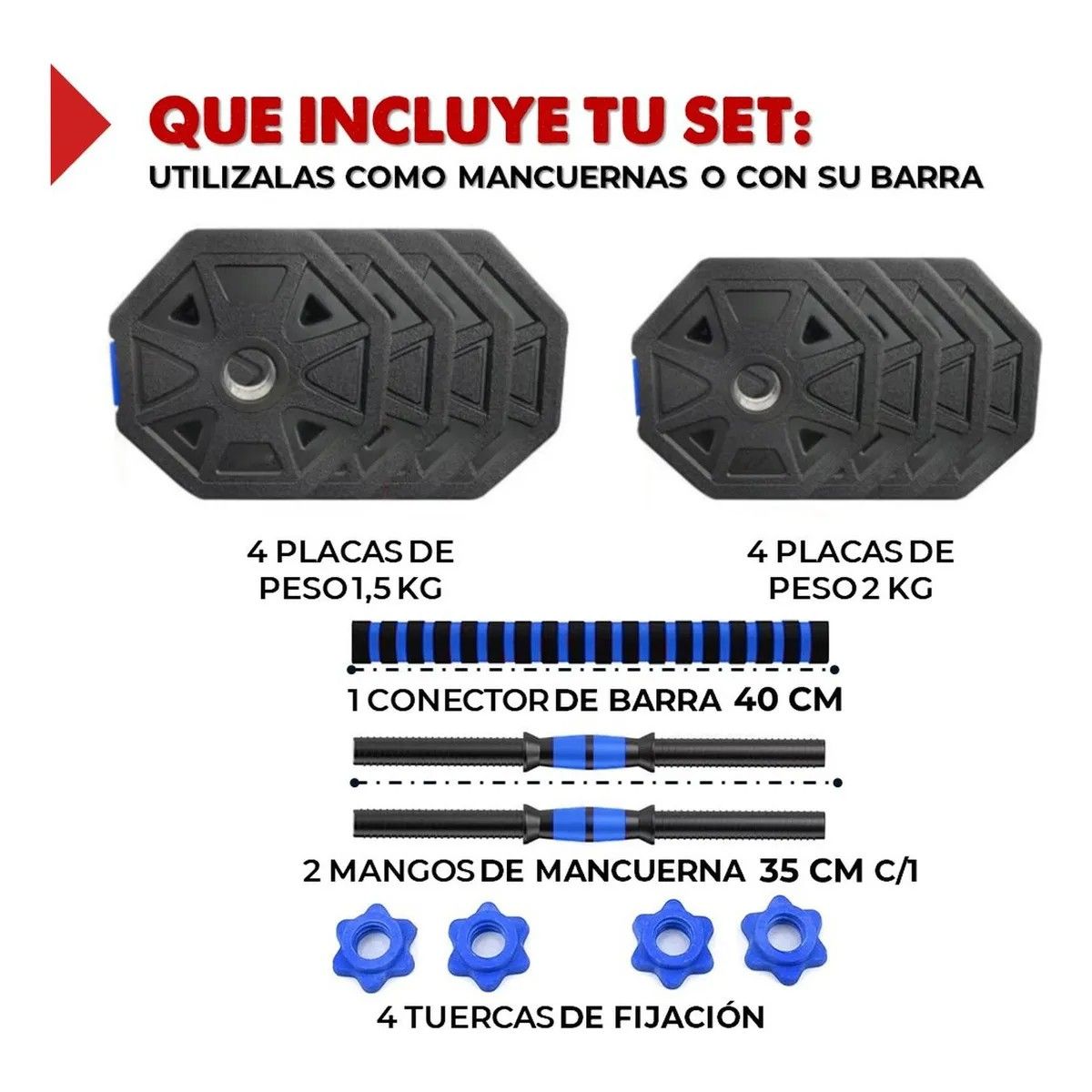 GENERICO - Set Mancuernas Ajustables Hexagonales 15 Kg 2en1 + Barra