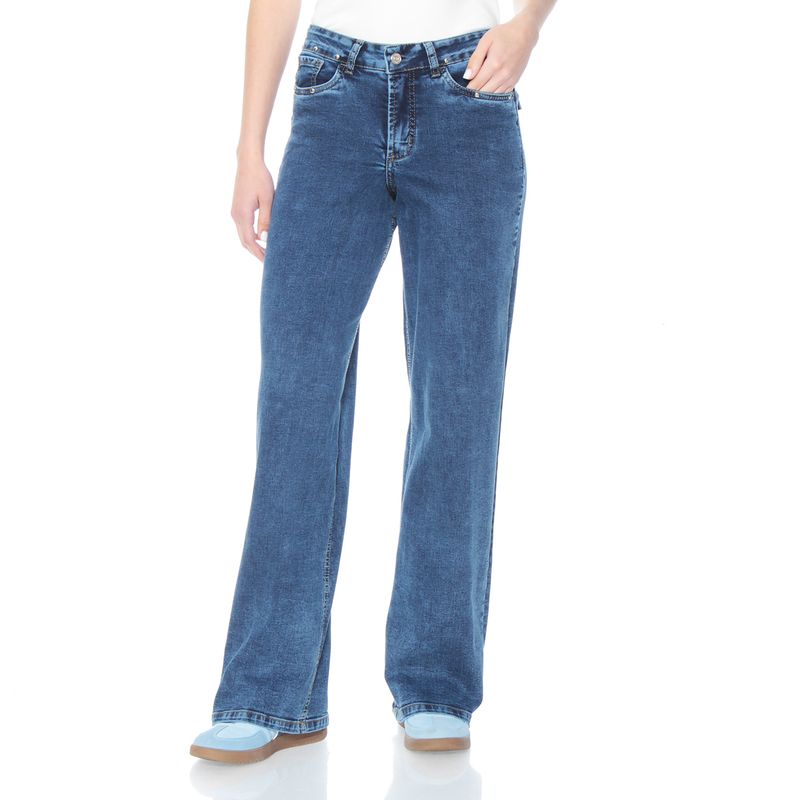 WADOS - JEANS RECTO TIRO ALTO PRETINA BASICA 1 BOTON APLICACION TACHAS