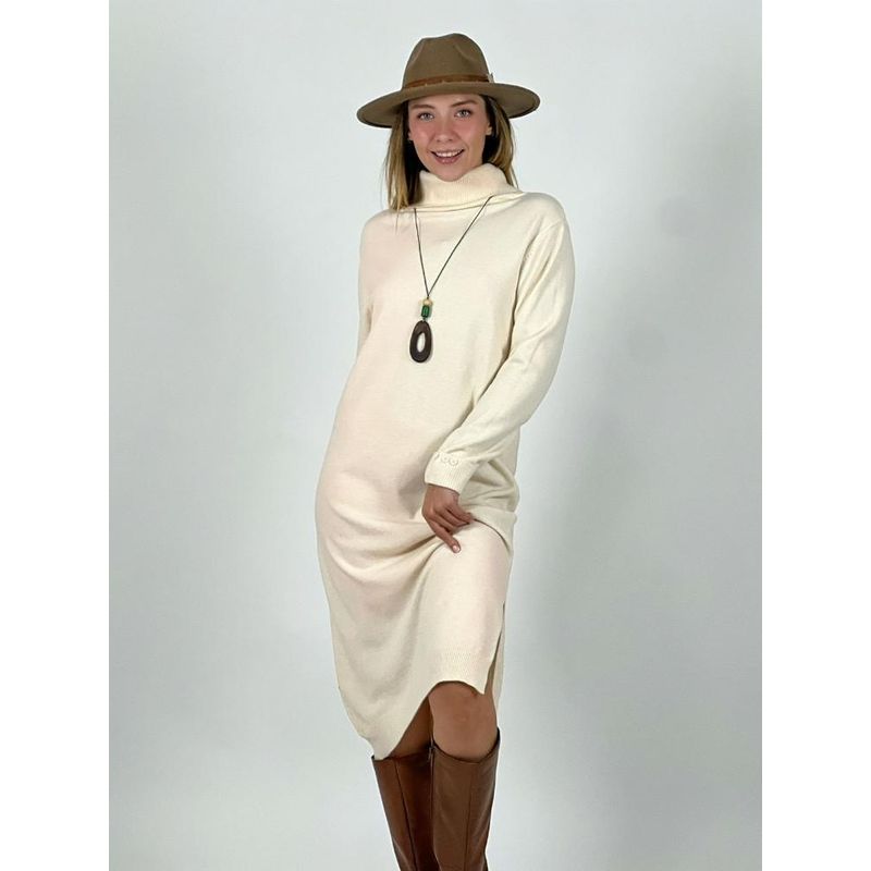 ENIGMATICA BOUTIQUE - Vestido Lana Liso Cuello Alto Botones en Mangas Blanco Invierno