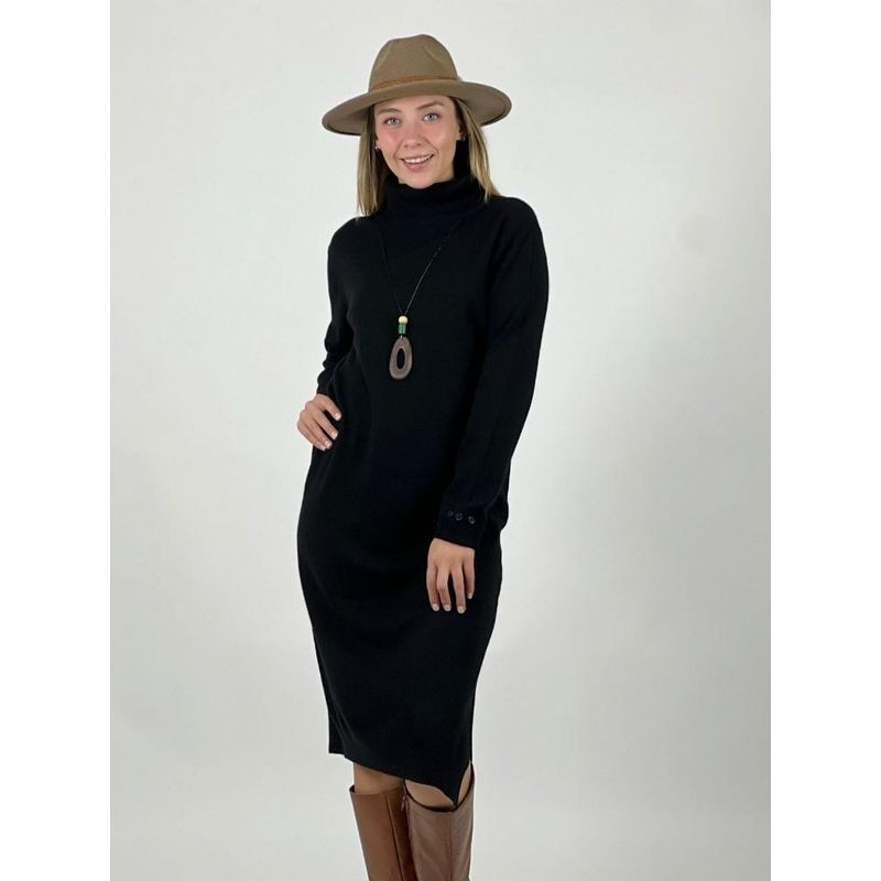 ENIGMATICA BOUTIQUE - Vestido Lana Liso Cuello Alto Botones en Mangas Blanco Invierno