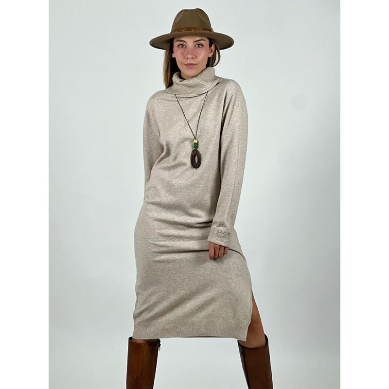 ENIGMATICA BOUTIQUE - Vestido Lana Liso Cuello Alto Botones en Mangas Blanco Invierno