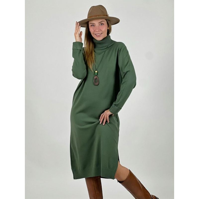 ENIGMATICA BOUTIQUE - Vestido Lana Liso Cuello Alto Botones en Mangas Blanco Invierno