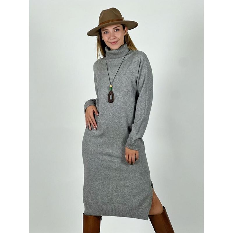 ENIGMATICA BOUTIQUE - Vestido Lana Liso Cuello Alto Botones en Mangas Blanco Invierno