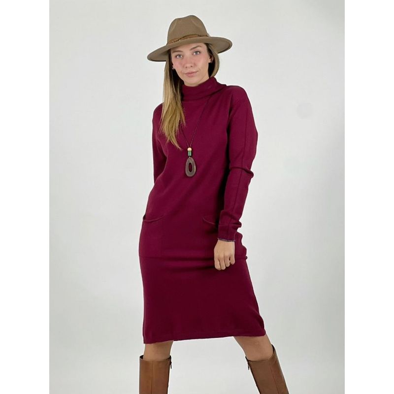 ENIGMATICA BOUTIQUE - Vestido Lana con Bolsillos Cuello Alto Burdeo