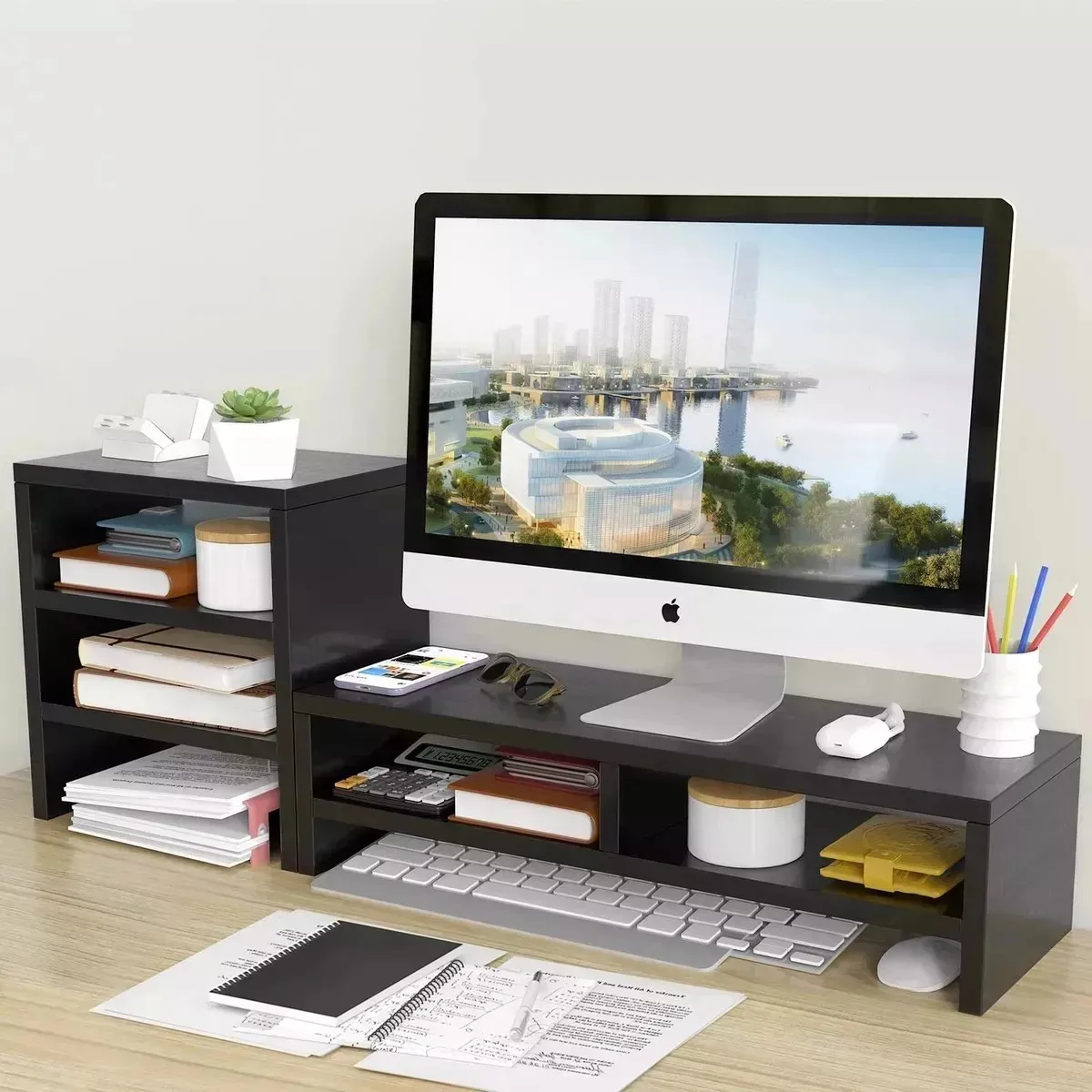 MUNDO MAGIA - Soporte Monitor Con Estante Almacenamiento De 3 Niveles