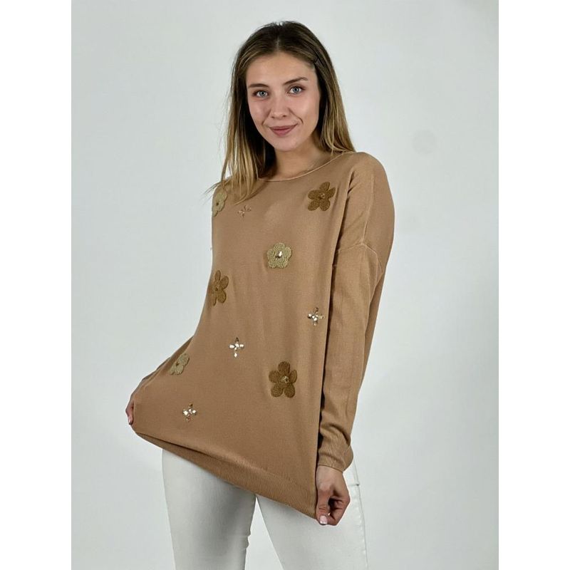 ENIGMATICA BOUTIQUE - Sweater Spandex Relieve Flores y Lentejuelas Gris