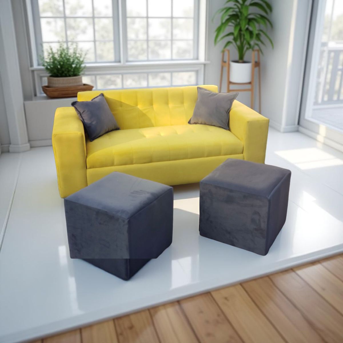 MUEBLES NEW - SOFA DOS CUERPOS MAS DOS PUFF AMARILLO FELPA