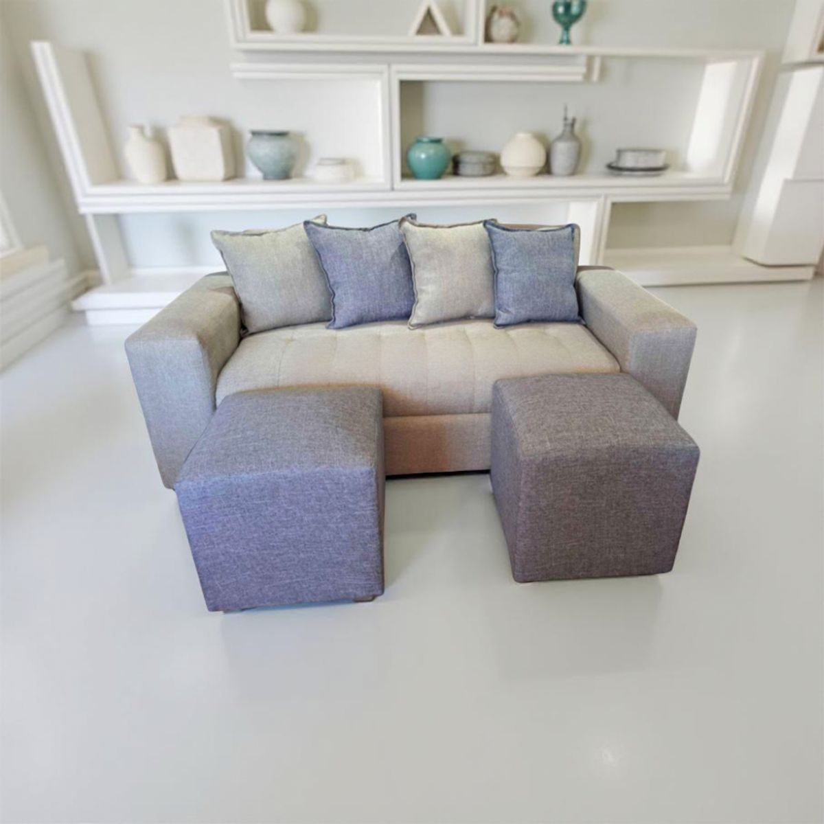 MUEBLES NEW - SOFA DOS CUERPOS MAS DOS PUFF BEIGE LINO