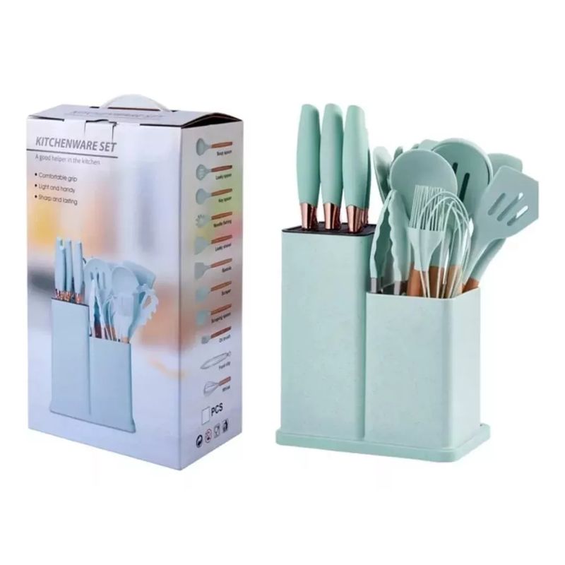 GENERICO - Utensilios Set De Cocina 19 Piezas Silicona Mango De Madera Verde Menta