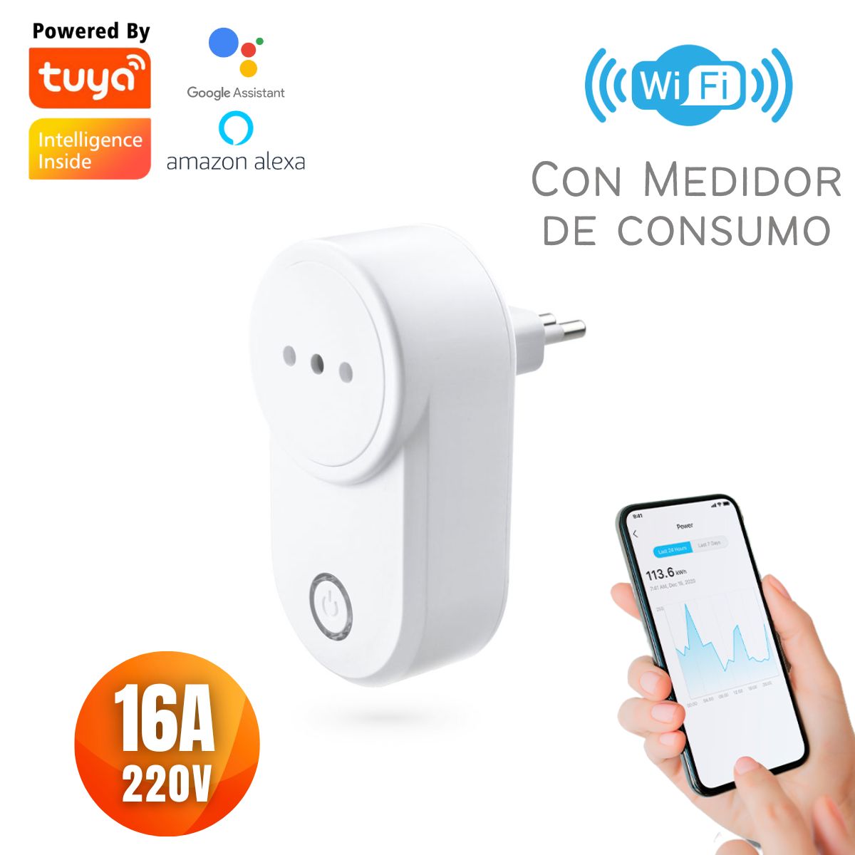D MOTICA - Enchufe Wifi Inteligente 220V 16A Con Medidor de Consumo por App