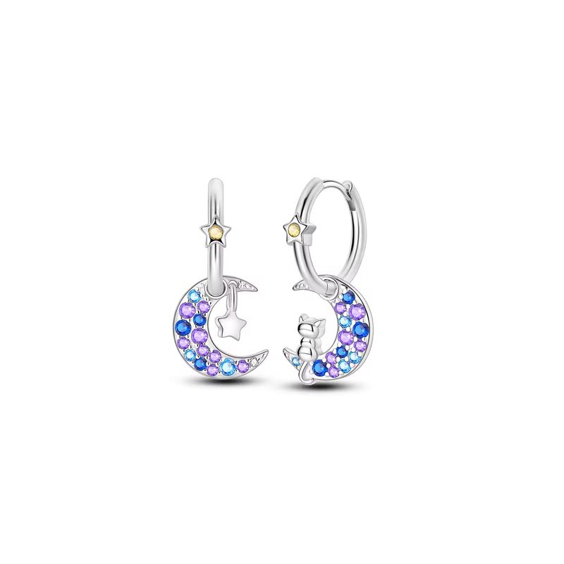 SILVER HEART - Aros Argolla Luna Estrellas y Gatito Plata 925 SILVER HEART