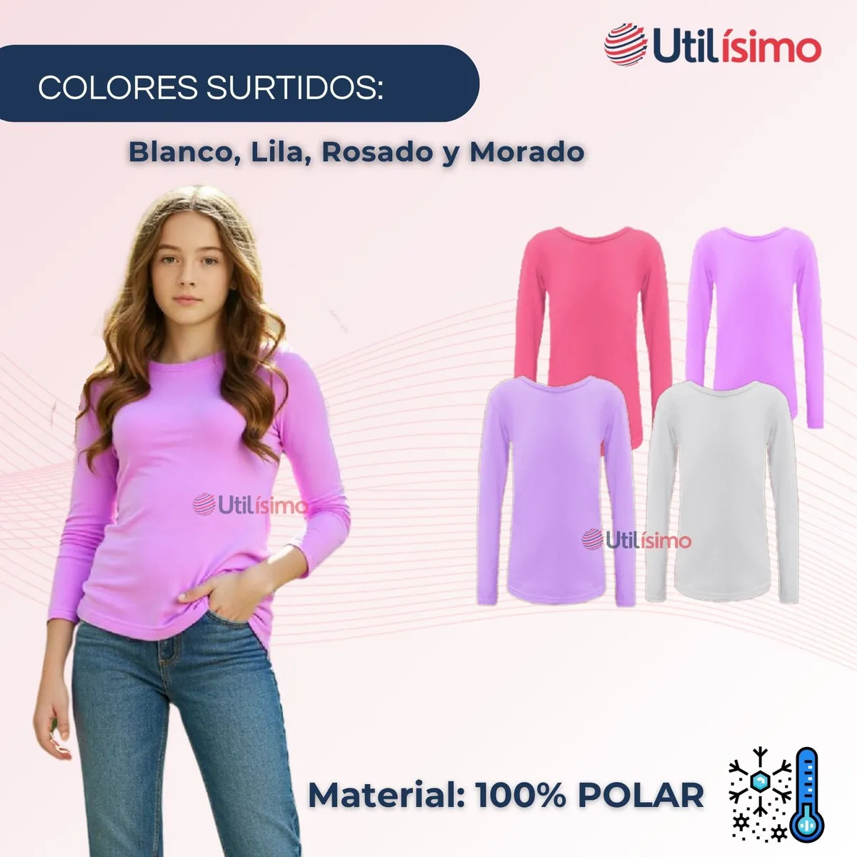 UTILISIMO - Pack 3 Camiseta Cuello Redondo Polar Niña juvenil Colores Surtidos