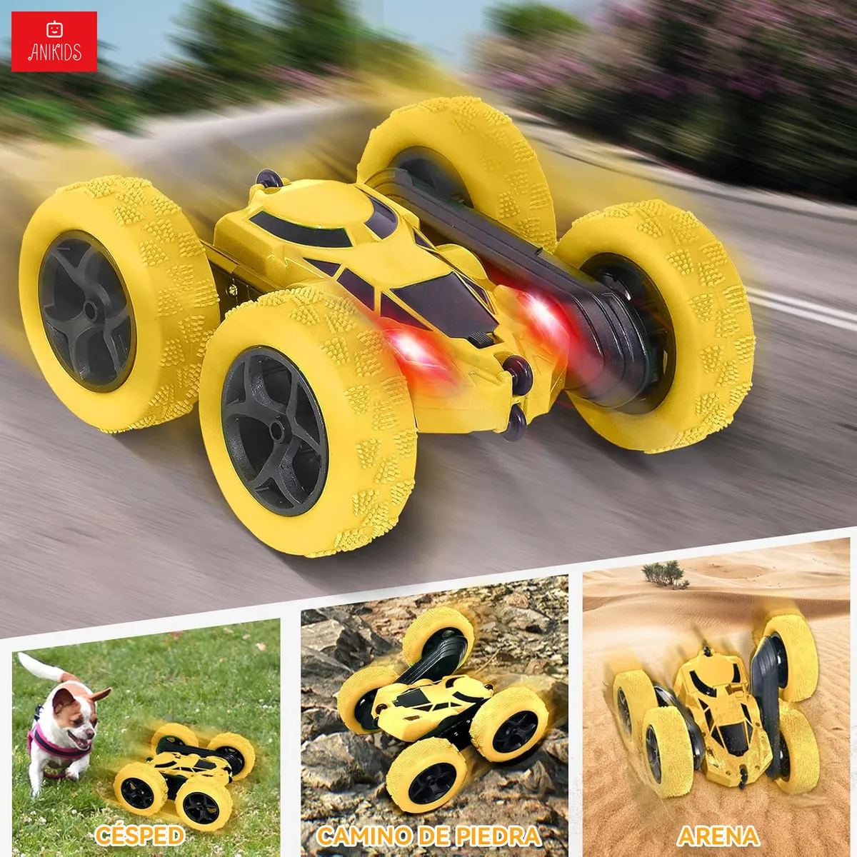 ANIKIDS - Auto Truco Control Remoto Niños Juguete Doble Lado Amarillo