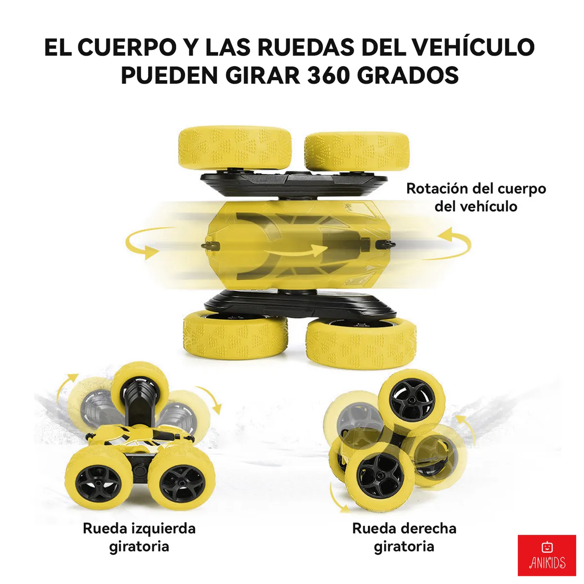 ANIKIDS - Auto Truco Control Remoto Niños Juguete Doble Lado Amarillo