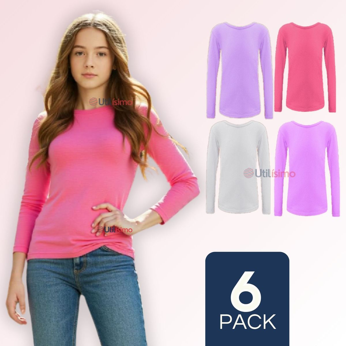 UTILISIMO - Pack 6 Camiseta Cuello Redondo Polar Niña juvenil Colores Surtidos