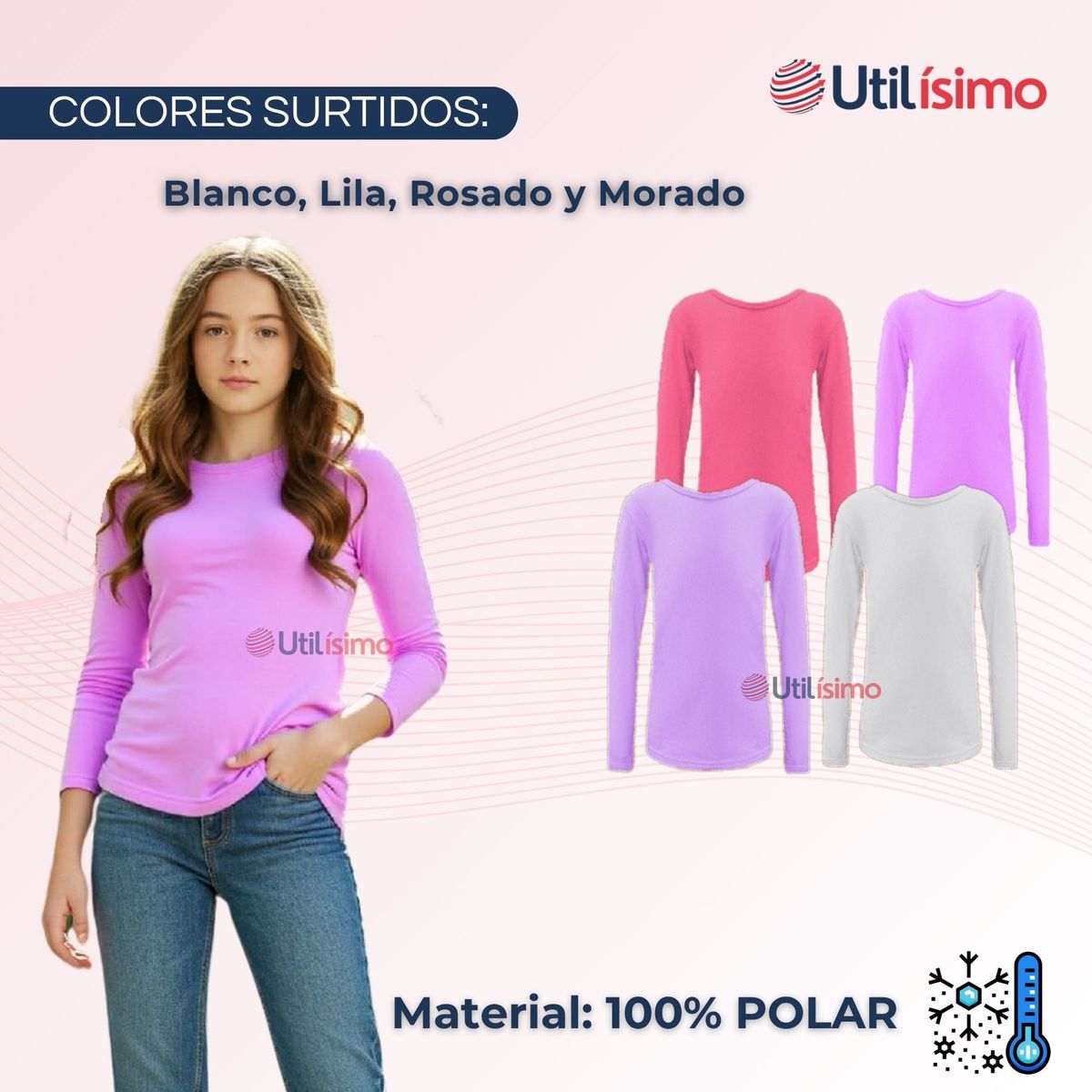 UTILISIMO - Pack 6 Camiseta Cuello Redondo Polar Niña juvenil Colores Surtidos