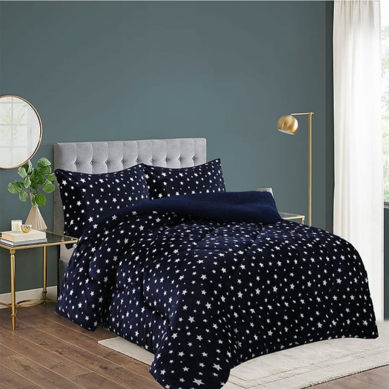 GENERICO - Cubrecama de Invierno Plush con Chiporro 1,5 plaza Azul con Estrellas