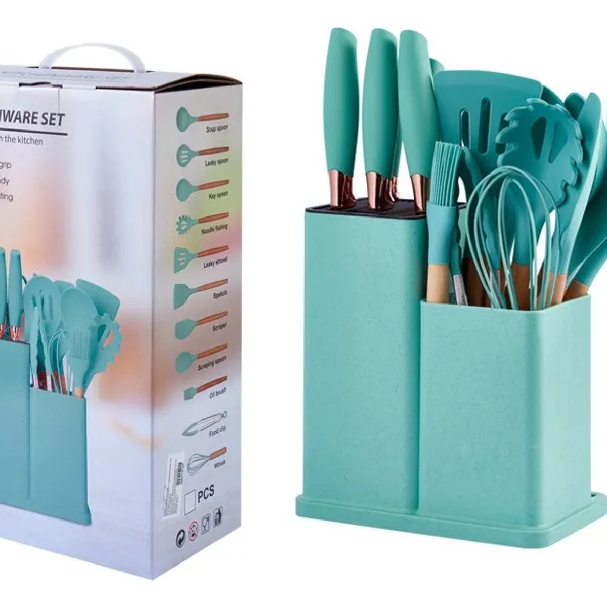 GENERICO - Utensilios Set De Cocina 19 Piezas Silicona Mango De Madera Verde Calipso