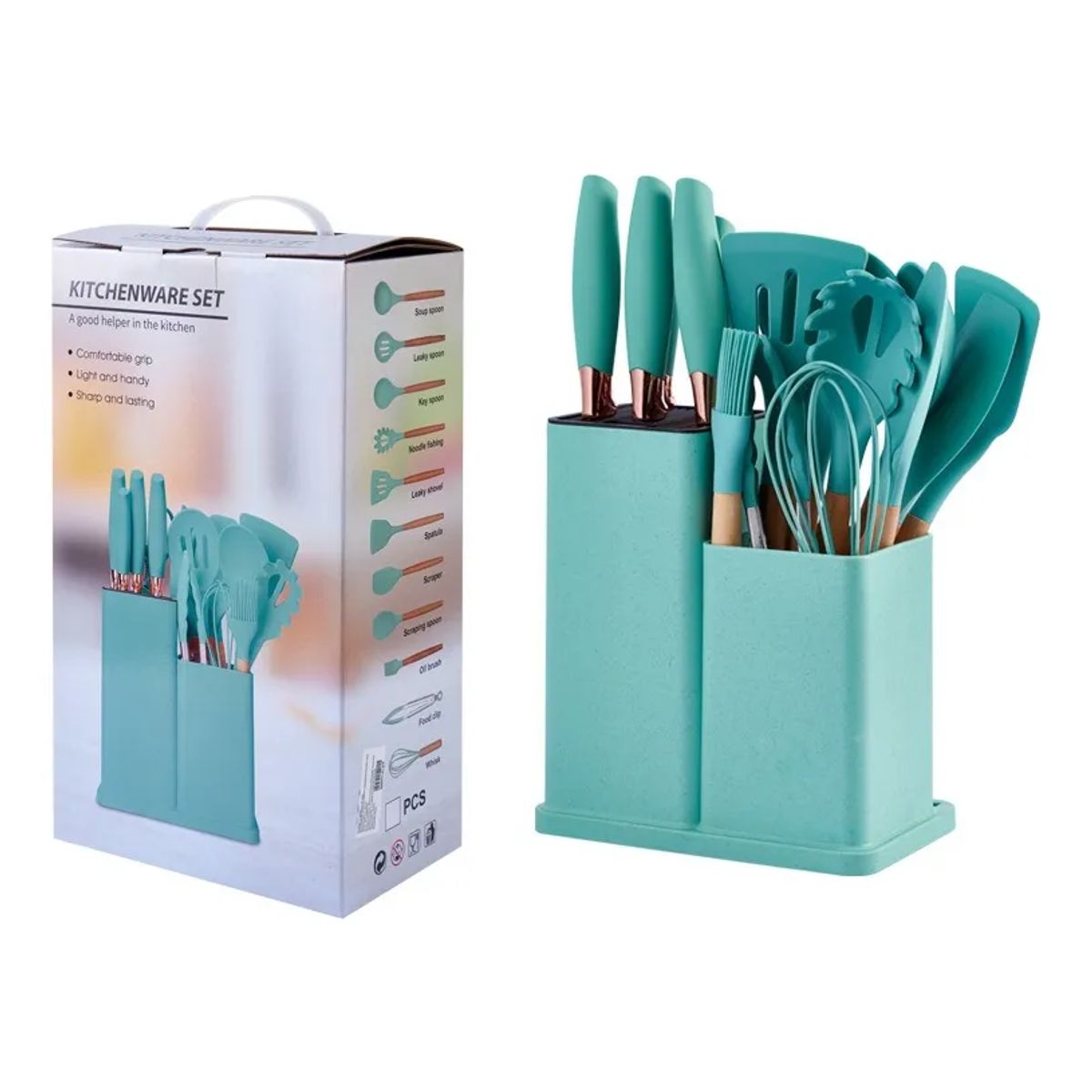 GENERICO - Utensilios Set De Cocina 19 Piezas Silicona Mango De Madera Verde Calipso