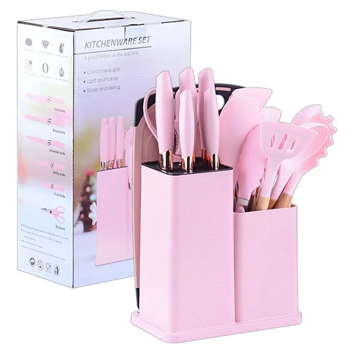 GENERICO - Utensilios Set De Cocina 19 Piezas Silicona Mango De Madera Rosado