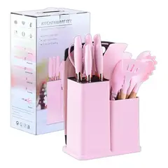 GENERICO - Utensilios Set De Cocina 19 Piezas Silicona Mango De Madera Rosado