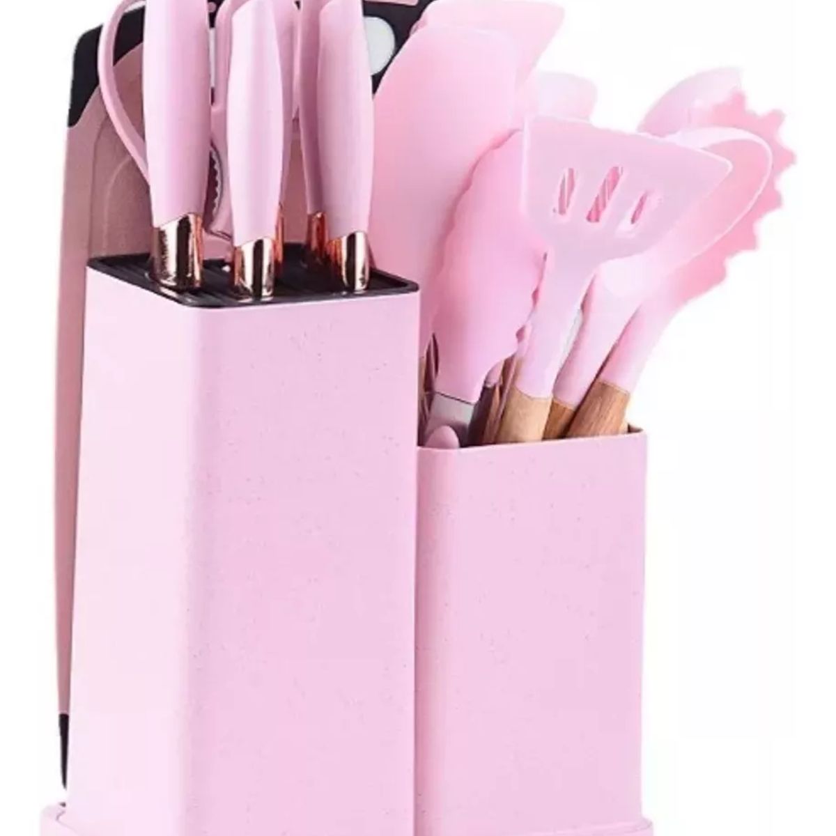 GENERICO - Utensilios Set De Cocina 19 Piezas Silicona Mango De Madera Rosado